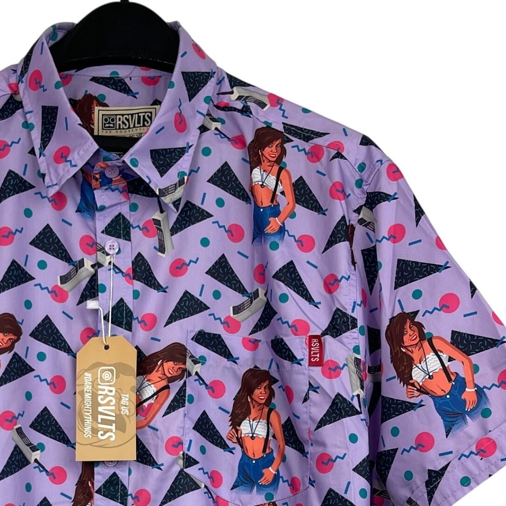 NEW RSVLTS The Roosevelts Mens Large 90s Dream Girl Ai Short Sleeve Shirt Purple